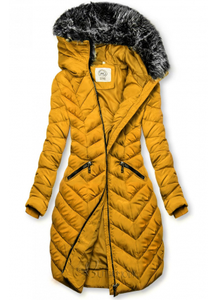 Mustársárga színű steppelt hosszú kabát