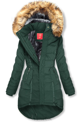 Sötétzöld színű steppelt téli kabát kapucnival
