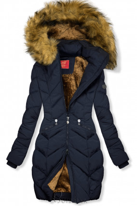 Sötétkék színű téli steppelt kabát levehető kapucnival