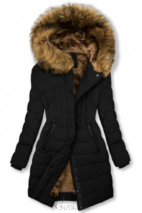 Fekete színű téli kabát plüssel és műszőrmével