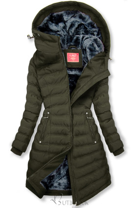 Khaki színű téli kabát szürke színű béléssel