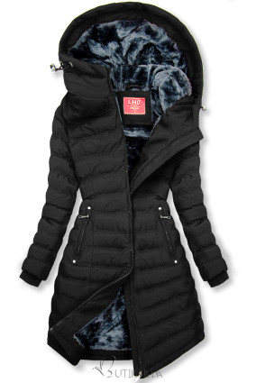 Fekete színű téli kabát szürke színű béléssel