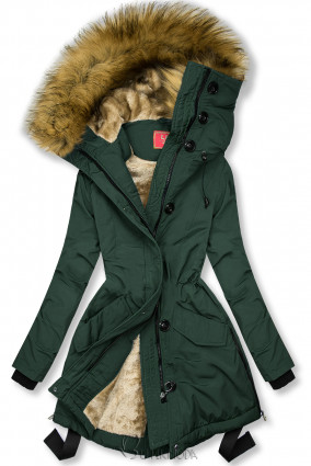 Sötétzöld színű téli kabát magas gallérral