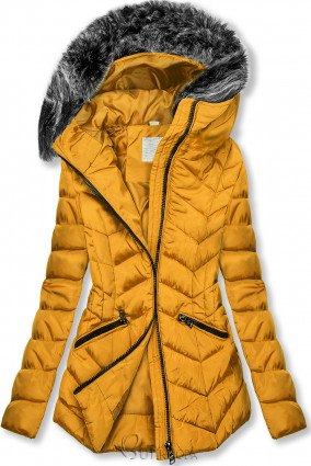 Sárga színű téli steppelt kabát műszőrmével