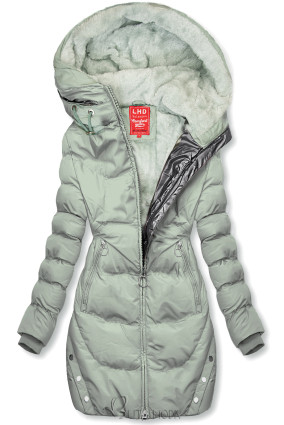 Nefritzöld színű téli kabát ezüstszürke színű szegéllyel