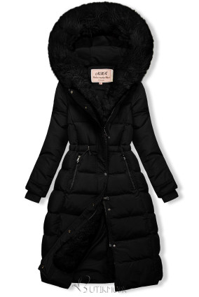 Fekete színű steppelt téli kabát derékban behúzással