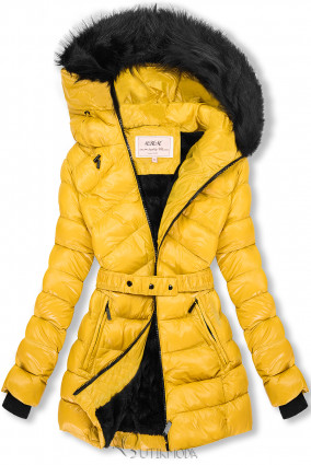 Sárga és fekete színű fényes kabát övvel