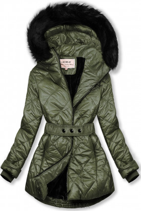 Khaki színű fényes téli kabát övvel