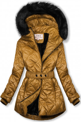 Karamellszínű fényes téli kabát övvel