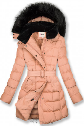 Őszibarack színű téli kabát plüss gallérral