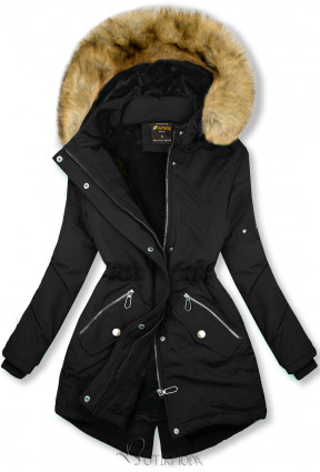 Fekete színű téli kabát barna színű műszőrmével