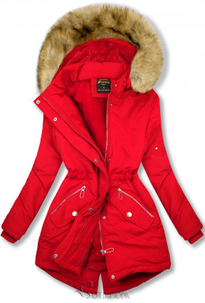 Piros színű téli kabát barna színű műszőrmével
