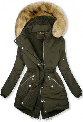 Khaki színű téli kabát barna színű műszőrmével