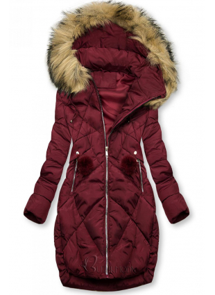 Bordó színű téli kabát pompommal