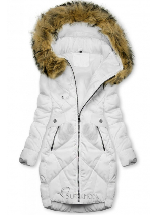 Fehér színű téli kabát pompommal