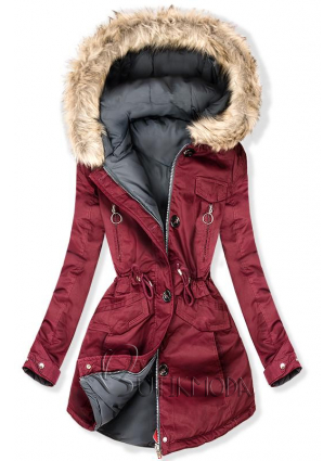 Kifordítható téli parka kabát - bordó és szürke színű