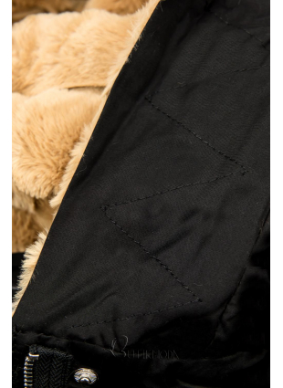 Fekete színű parka kabát plüss béléssel