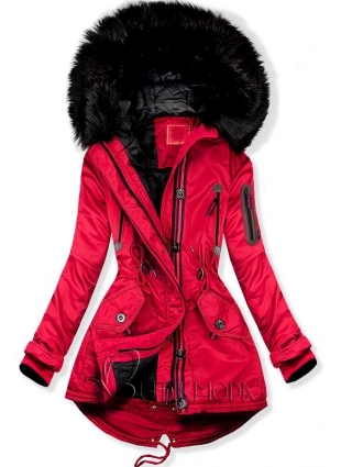 Piros színű parka kabát kapucnival