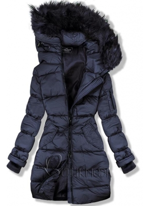 Sötétkék színű hosszított téli kabát