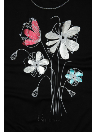 Fekete színű virágmintás póló