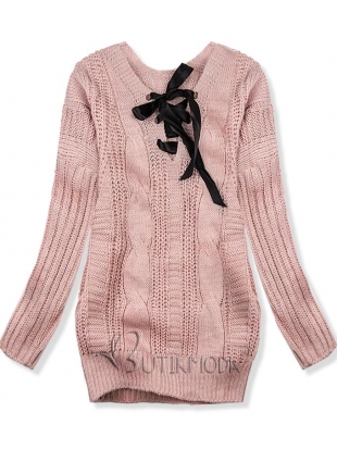 Rózsaszínű kötött pulóver masnival