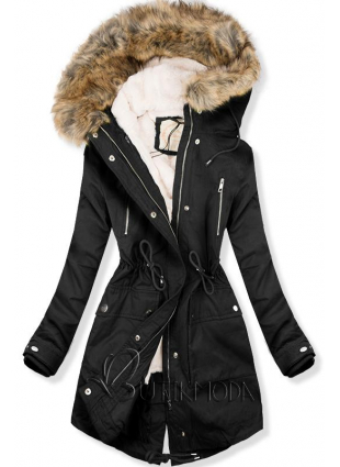 Fekete színű parka kabát, meleg plüss béléssel