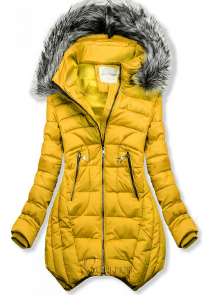Sárga színű steppelt kabát, levehető kapucnival