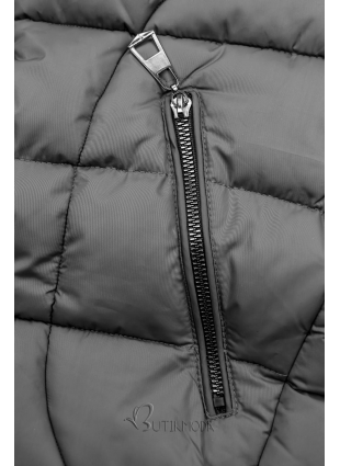 Szürke színű steppelt kabát, levehető kapucnival