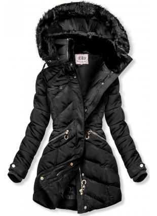Fekete színű téli kabát, meleg plüss gallérral