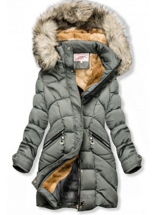 Szürke színű téli kabát, levehető kapucnival