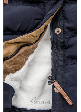 Sötétkék színű téli steppelt kabát plüssel