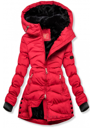 Piros színű téli steppelt kabát plüssel