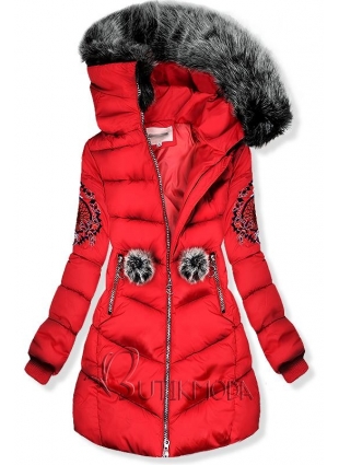 Piros színű téli hímzett kabát