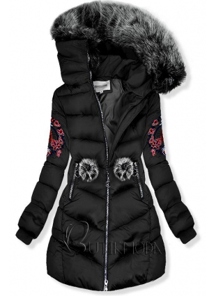 Fekete színű téli hímzett kabát