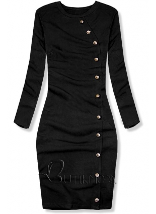 Fekete színű stretch ruha dekoratív gombokkal