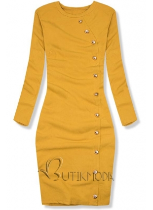Mustársárga színű stretch ruha dekoratív gombokkal
