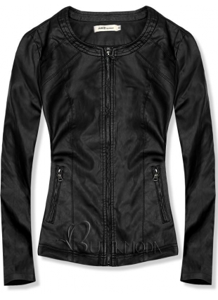 Fekete színű zsebes műbőr dzseki