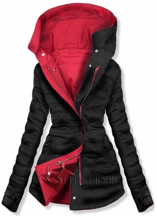 Piros és fekete színű, kifordítható tavaszi kabát