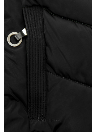 Fekete színű steppelt kabát műszőrmével