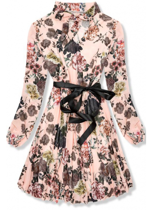 Púderrózsaszínű virágmintás ruha, rakott szoknyával