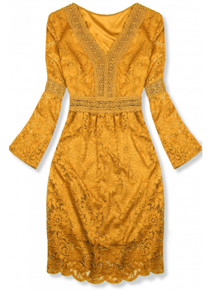 Mustárszárga színű elegáns csipke ruha