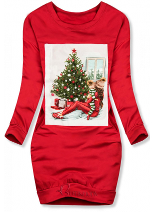 Piros színű ruha, kárácsonyi motívummal