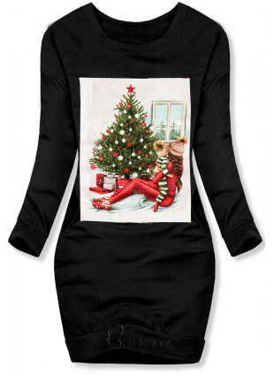 Fekete színű ruha, kárácsonyi motívummal