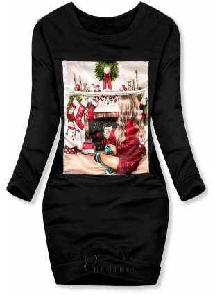 Fekete színű laza ruha, karácsonyi motívummal