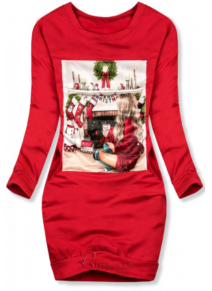 Piros színű laza ruha, karácsonyi motívummal