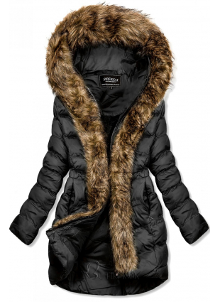 Fekete színű téli kabát, műszőrme szegéllyel