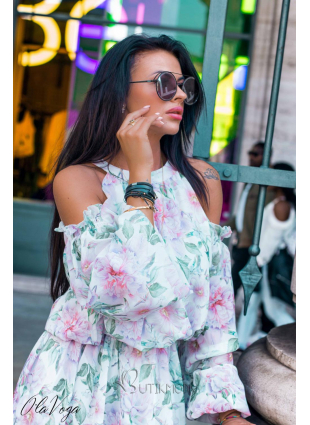 Zöld és rózsaszínű virágmintás ruha Laura/O'la Voga