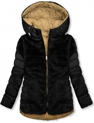 Fekete és barna színű kifordítható, plüssel kombinált rövid kabát