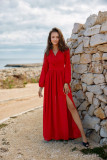 Hátul megkötős hosszú ujjú sifon maxi ruha  – piros színű