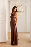 Szatén maxi ruha háti megkötővel, barna